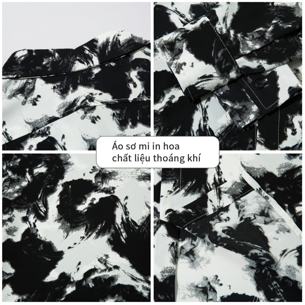Áo Sơ Mi NAM Dài Tay áo sơ mi hoạ tiết áo sơ mi nam hàn quốc oversize Phối màu đen trắng áo sơ mi dài tay form rộng ootd