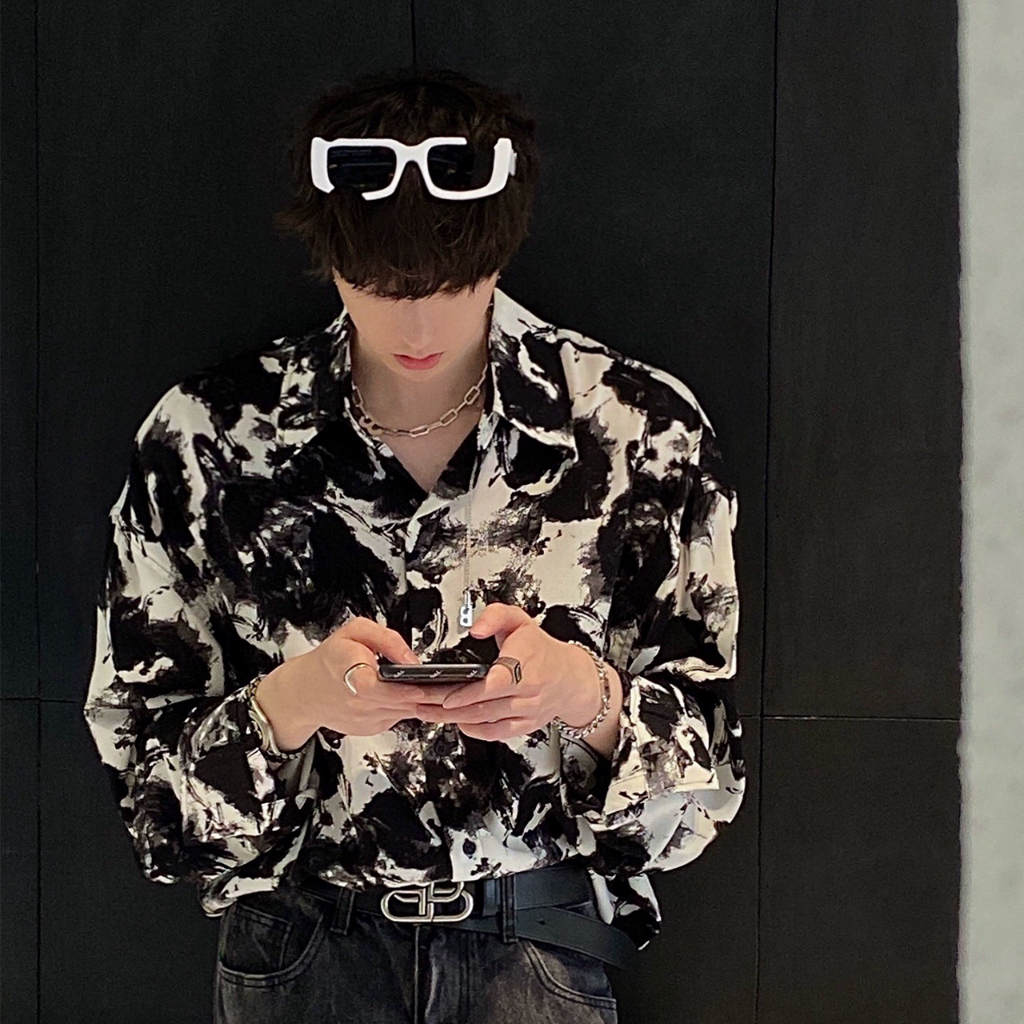 Áo Sơ Mi NAM Dài Tay áo sơ mi hoạ tiết áo sơ mi nam hàn quốc oversize Phối màu đen trắng áo sơ mi dài tay form rộng ootd