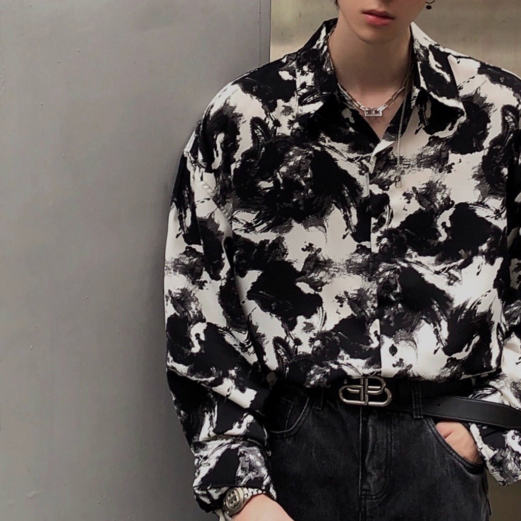 Áo Sơ Mi NAM Dài Tay áo sơ mi hoạ tiết áo sơ mi nam hàn quốc oversize Phối màu đen trắng áo sơ mi dài tay form rộng ootd