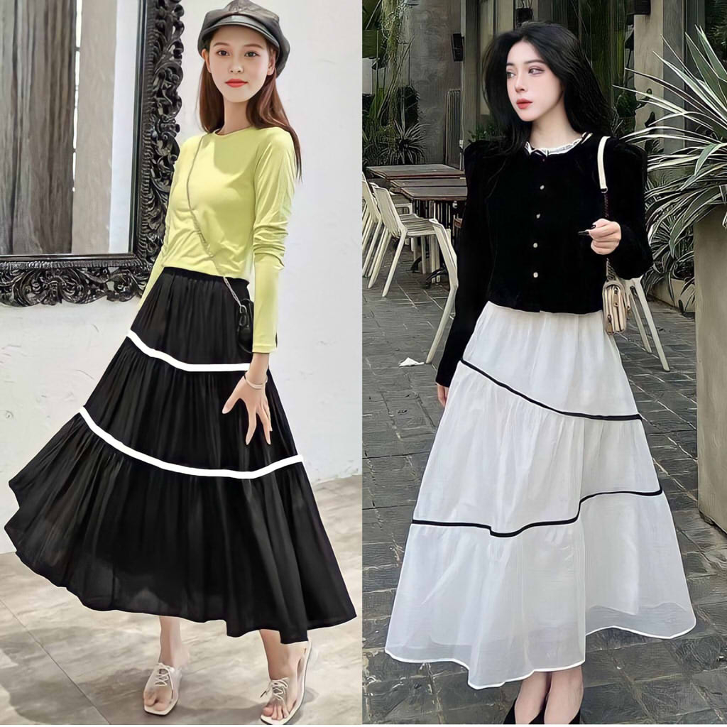 Đầm xòe tầng phối viền tinh tế sang trọng CV011 Váy trắng đen dài qua gối cạp chun tiểu thư bánh bèo
