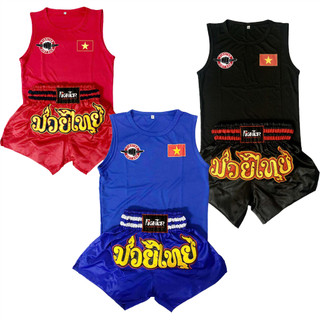 Bộ Quần Áo Muay Thái Fighter - Vải Satin, Áo Thun Mè - Theo Tiêu Chuẩn Thi Đấu Muay Thái Việt Nam