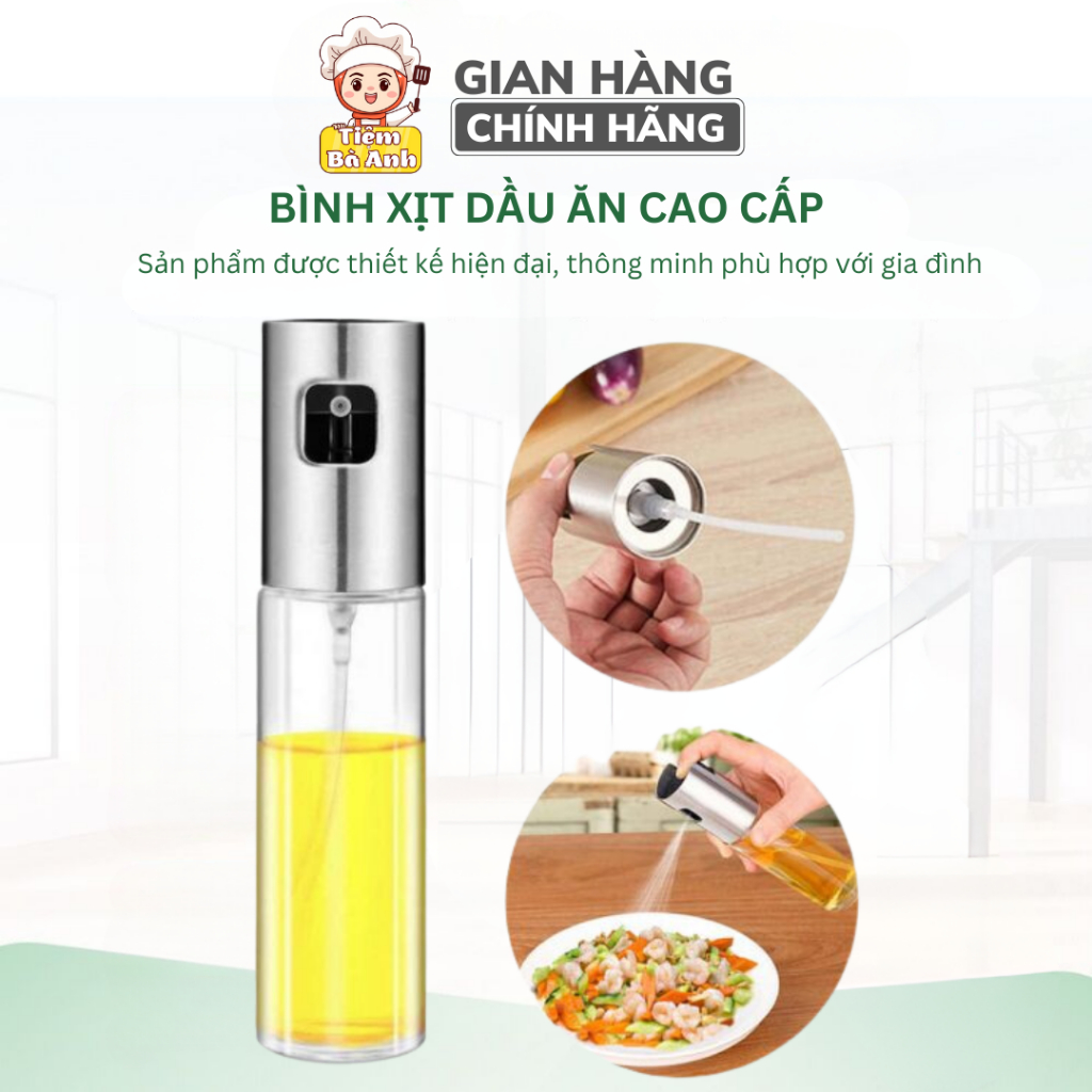 Bình xịt dầu ăn thuỷ tinh phun sương 100ml, chất liệu chịu được nhiệt cao, dạng xịt phun sương tiện lợi cho quay nướng