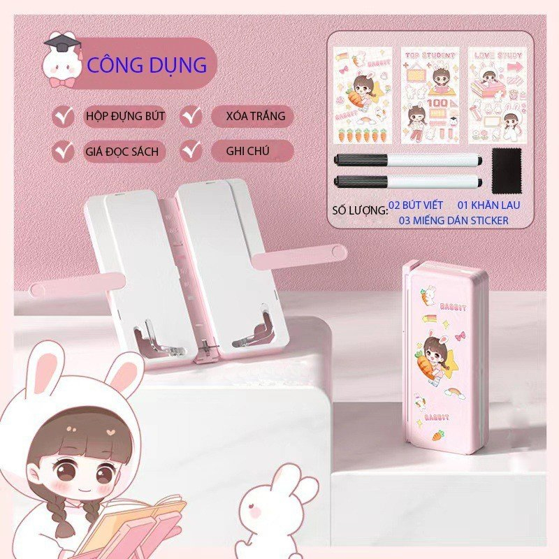 Hộp Bút Kèm Giá Sách 3in1, Hộp Bút Đa Năng Đựng Đồ Dùng Học Tập Cho Bé Tặng Sticker Dễ Thương