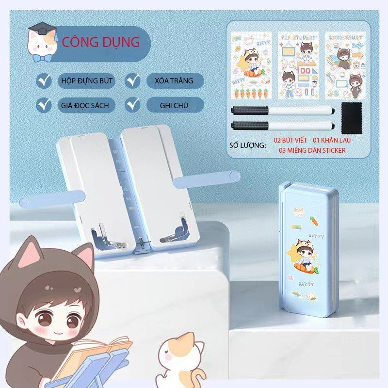 Hộp Bút Kèm Giá Sách 3in1, Hộp Bút Đa Năng Đựng Đồ Dùng Học Tập Cho Bé Tặng Sticker Dễ Thương