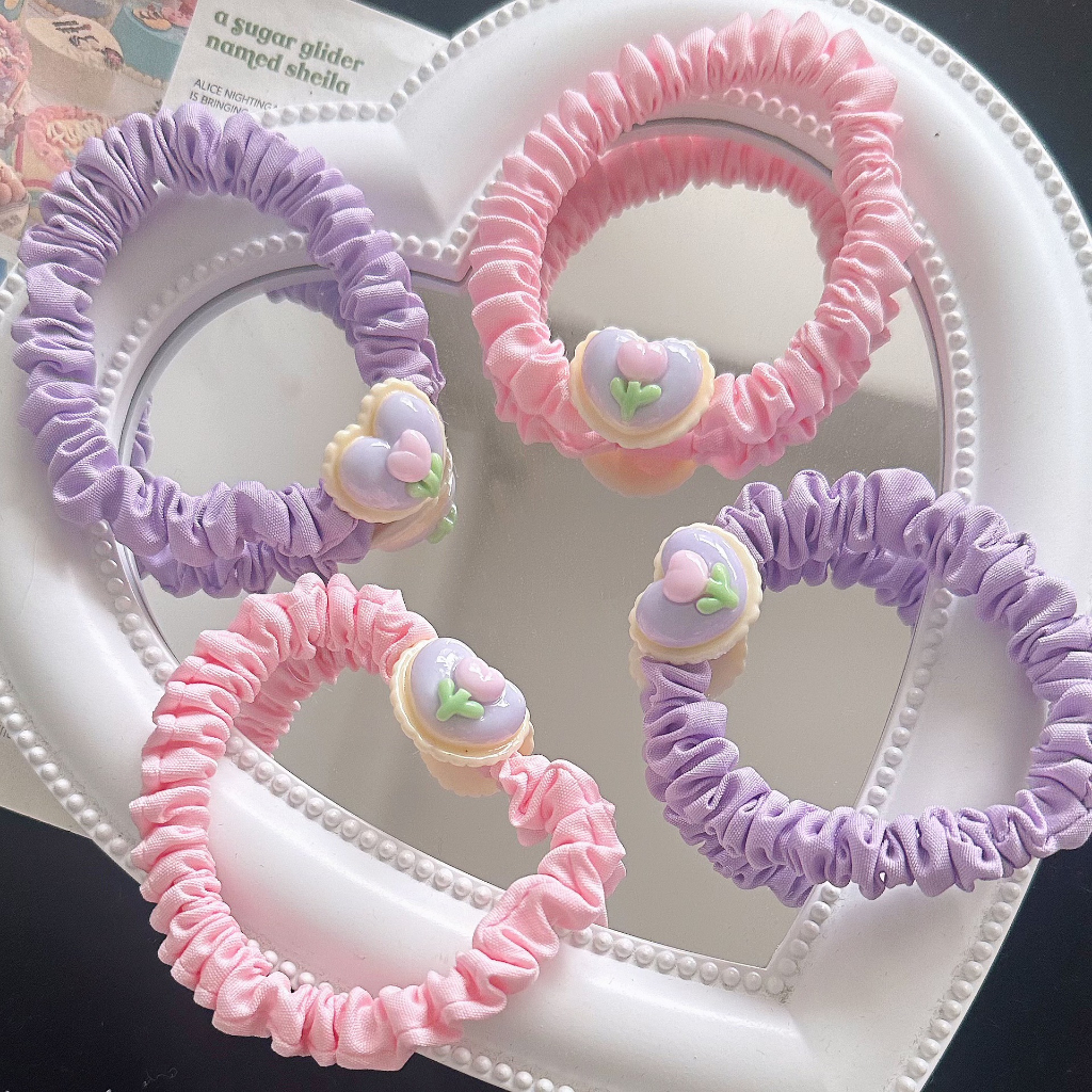 Cột Tóc Vải Nhún Đính Charm Phô Mai Đào Hoạt Hình Pastel