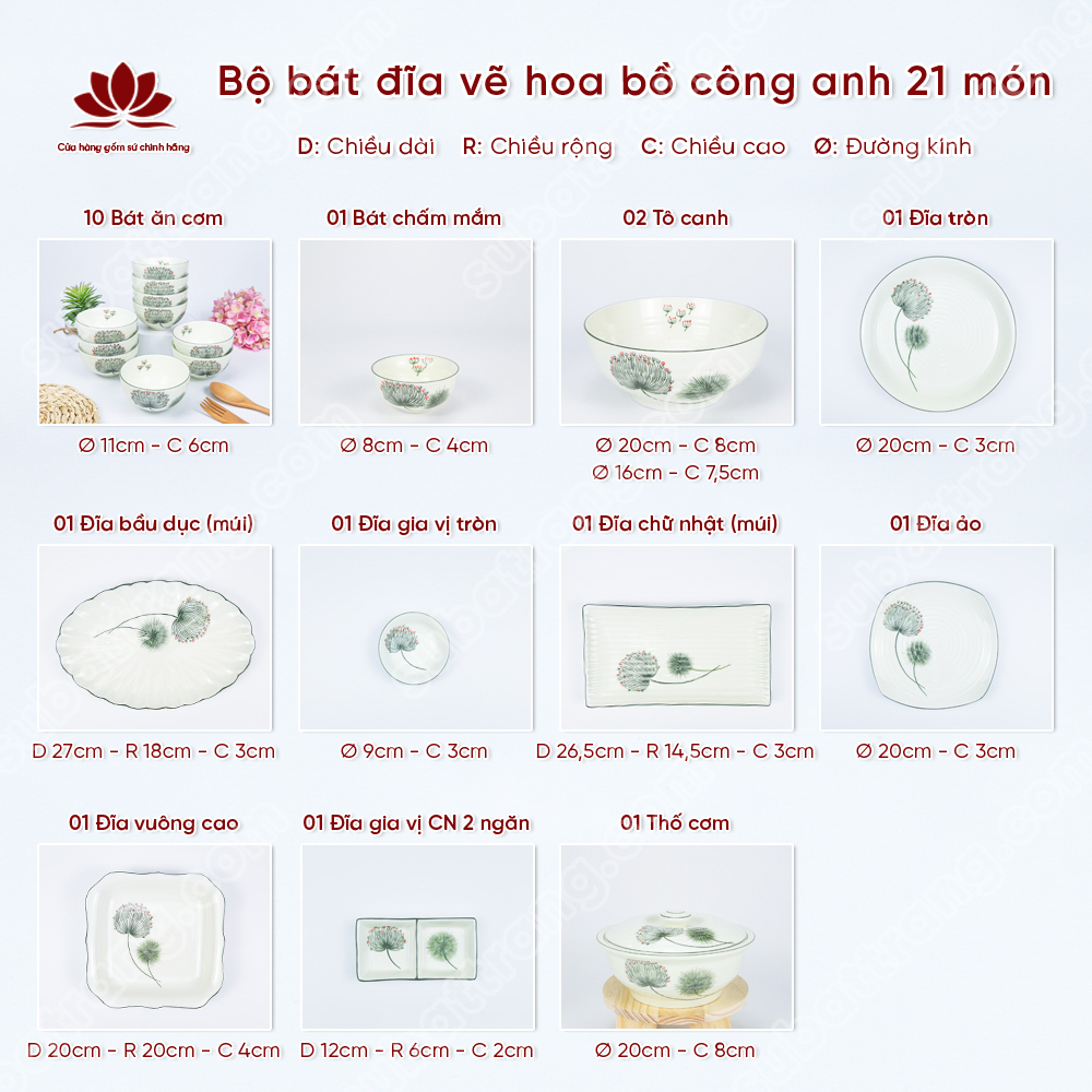 Bộ bát đĩa vẽ hoa bồ công anh cao cấp Bát Tràng