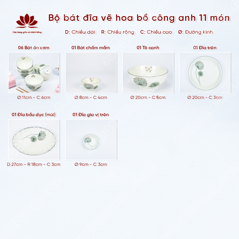 Bộ bát đĩa vẽ hoa bồ công anh cao cấp Bát Tràng