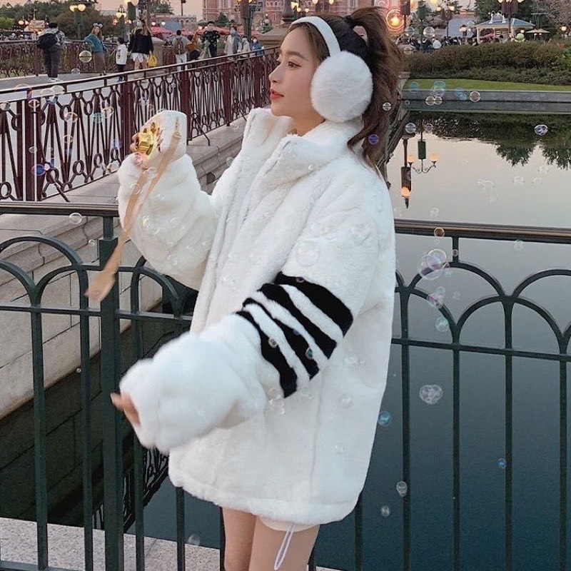 Áo khoác lông 4 sọc tay cổ trụ ulzzang chất lông dày ấm áp, áo khoác mùa đông