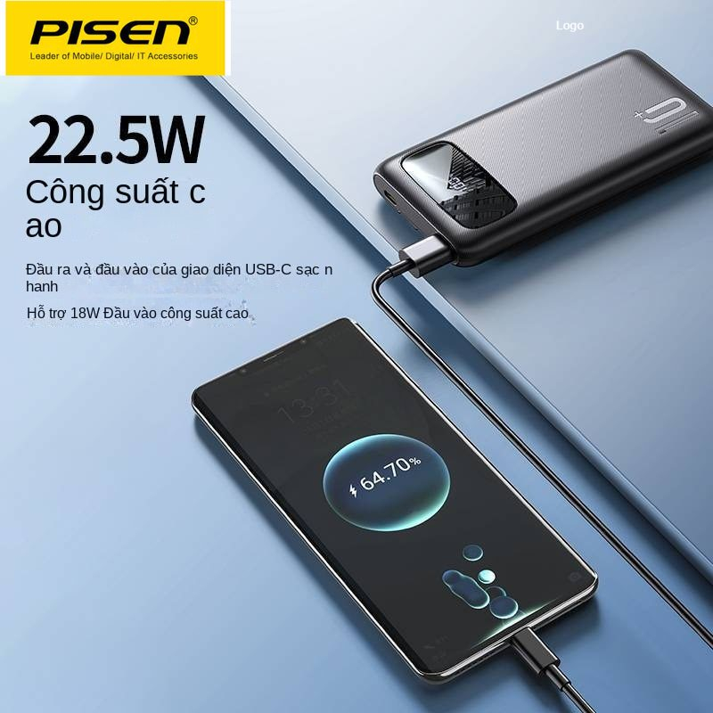 Sạc Dự Phòng mini PISEN POWER BANK 20W/22,5W Fast Charging 10000mAh, có đèn Led hiển thị, USB PD QC