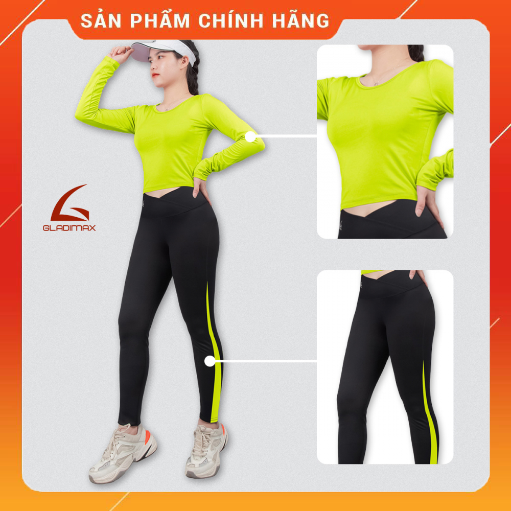 Bộ đồ thể thao Gladimax áo Croptop Dài Tay C12 và Quần Legging G12 cạp tim chéo cá tính mặc đẹp đi tập, đi chơi