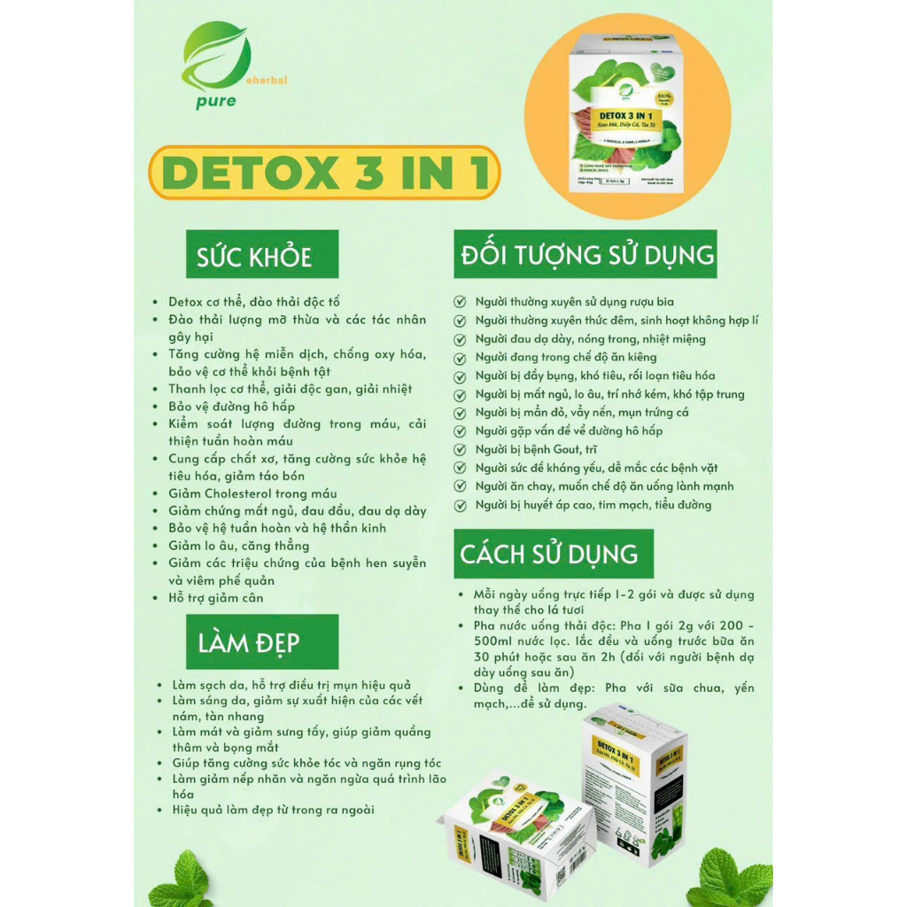 DETOX 3 IN 1 Rau má ,Diếp cá ,Tía tô Sấy Thăng Hoa e- centella Eherbal- Đảm Bảo Hoàn Toàn 100% Dinh Dưỡng .(1 hộp-21 gói