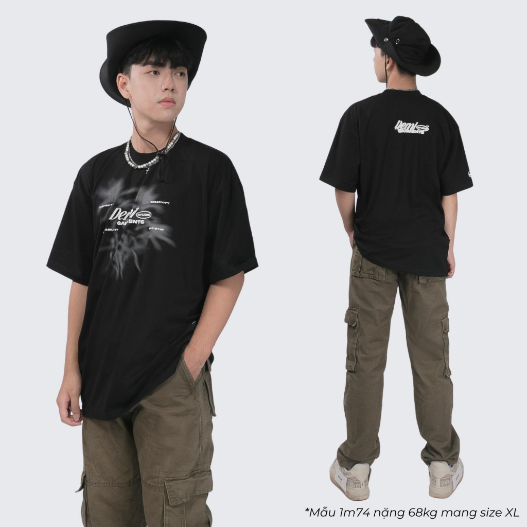 Áo thun local brand form rộng, tay lỡ, hình in blur độc đáo vải thun cotton mịn mát màu đen DEMI | DE-T70