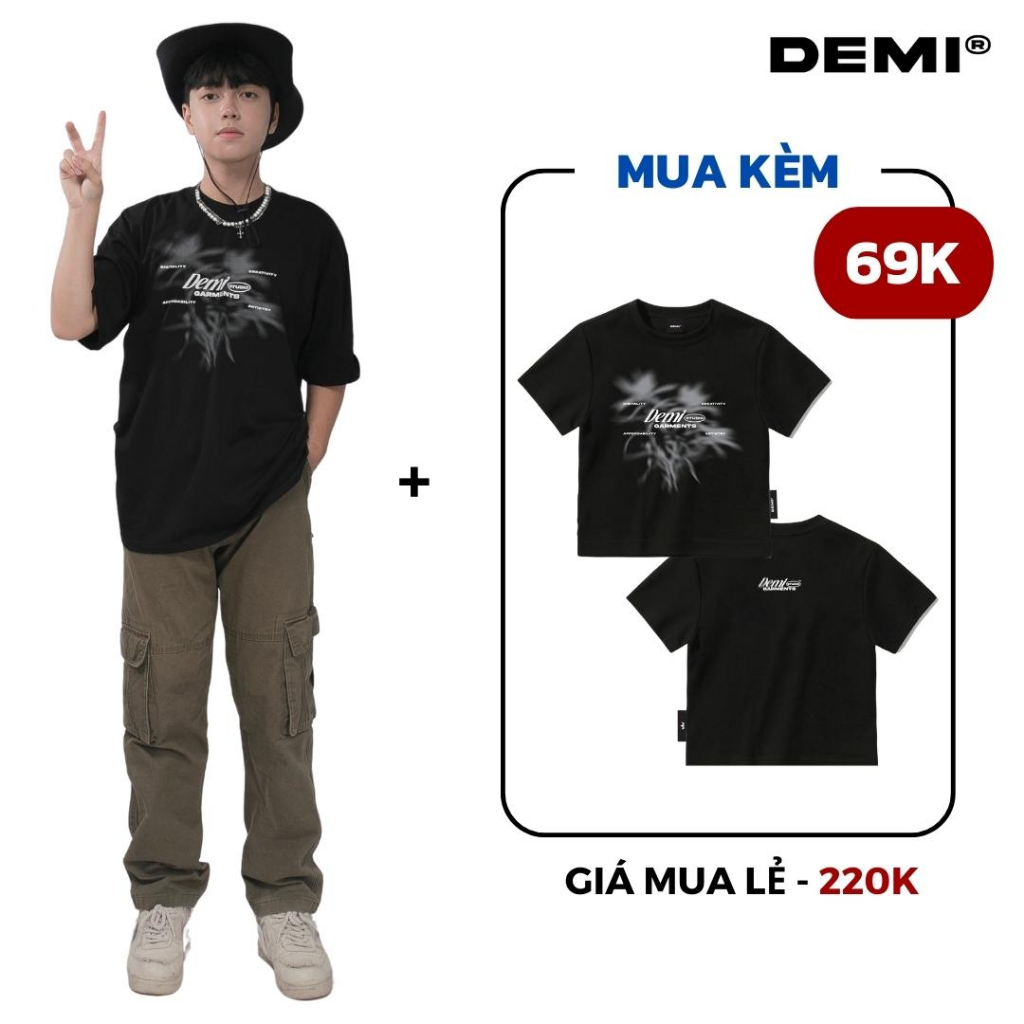 Áo thun local brand form rộng, tay lỡ, hình in blur độc đáo vải thun cotton mịn mát màu đen DEMI | DE-T70