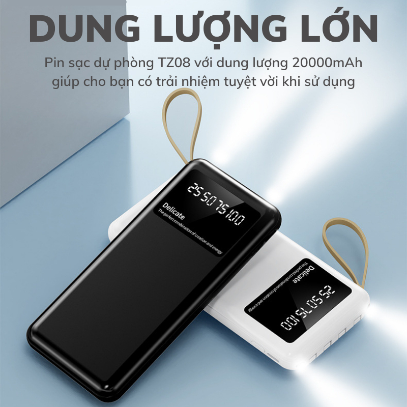 Sạc Dự Phòng TZ08 dung lượng 20000mAh Chính hãng , Tích Hợp 4 Dây Sạc, Sạc Không Nóng Máy