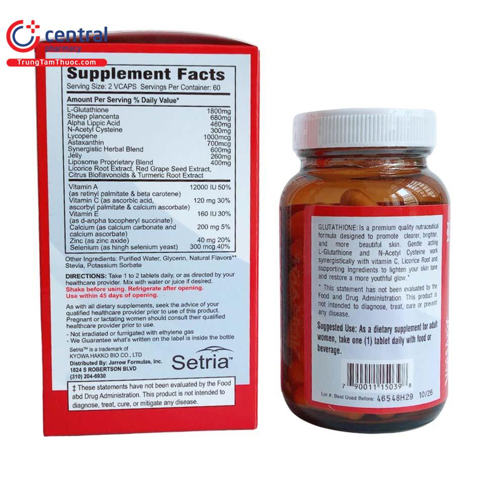 Viên uống Glutathione 1800mg Vibrant làm sáng da- tăng độ đàn hồi cho da - hộp 60 viên - Central Pharmacy