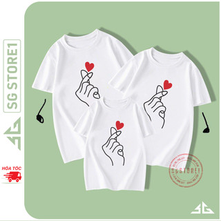 Áo gia đình mẫu bắn tim màu trắng đồng phục gia đình 3/4/5 người thun cotton dày dặn GD309T