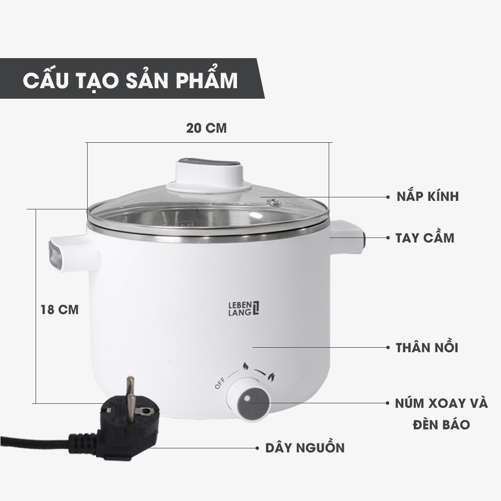 Nồi lẩu điện mini Lebenlang LBL0303, dung tích 1200ML, hai tay cầm tiện lợi, bảo hành 2 năm – hàng chính hãng