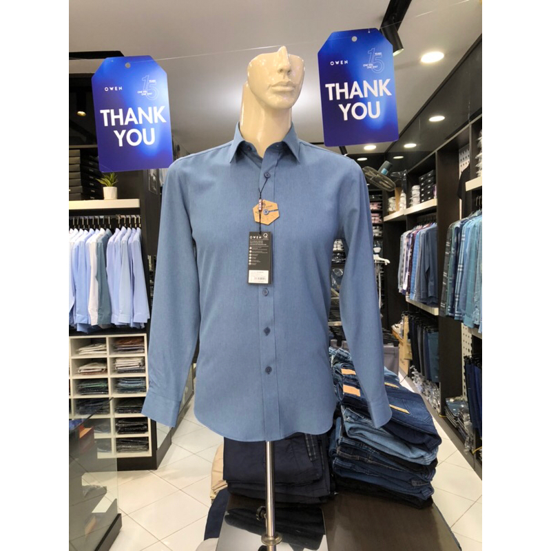 Áo sơ mi owen dài tay màu xanh đậm melange slim fit vải cafe AS230600D