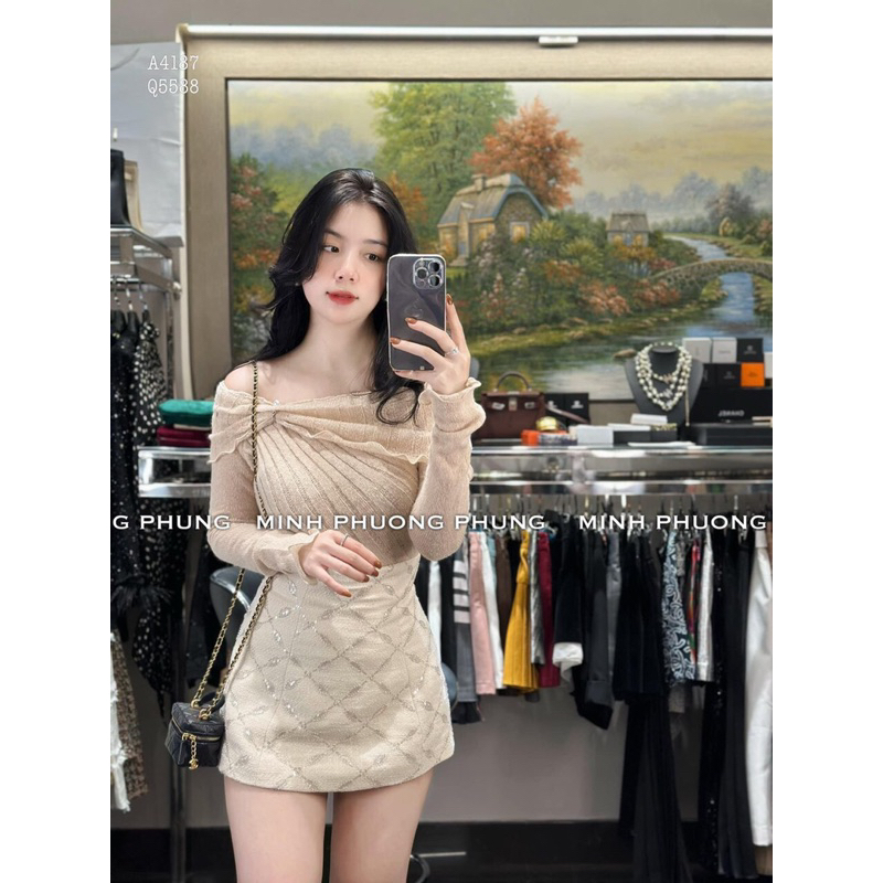 Chân váy dạ dáng A đinh đá hoa QCL1