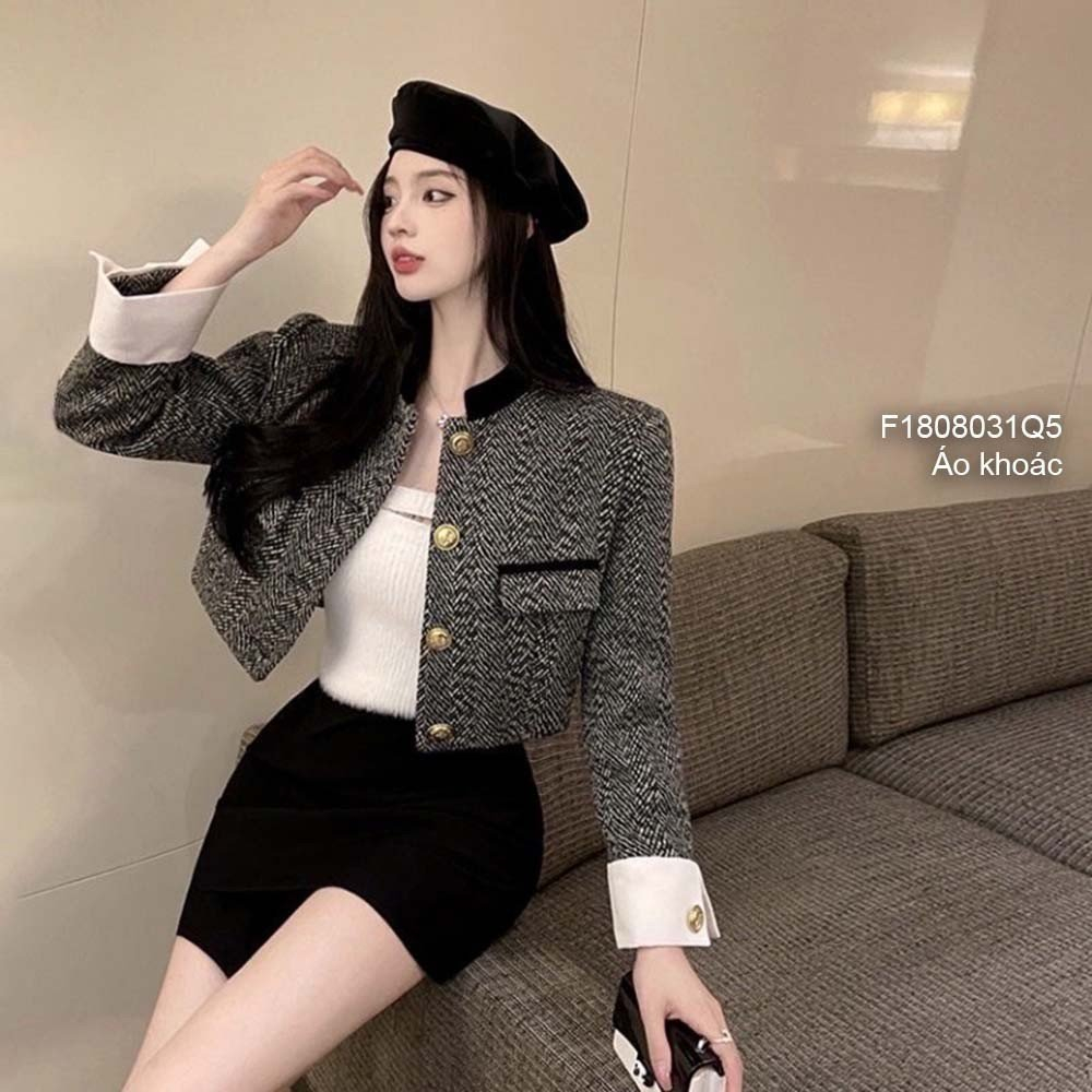 Áo khoác dạ form croptop phối nút tay dài siêu thời trang!