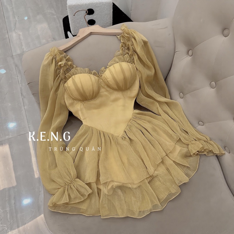 Đầm tơ cúp ngực tay bồng babi 3 màu