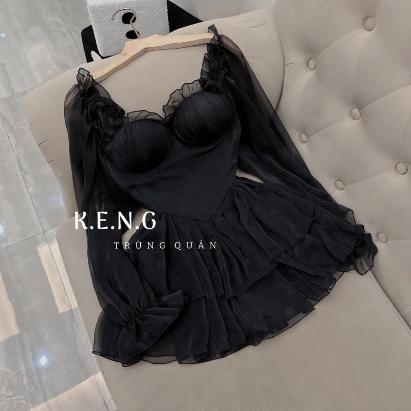 Đầm tơ cúp ngực tay bồng babi 3 màu