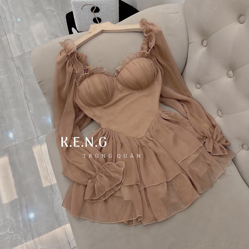 Đầm tơ cúp ngực tay bồng babi 3 màu