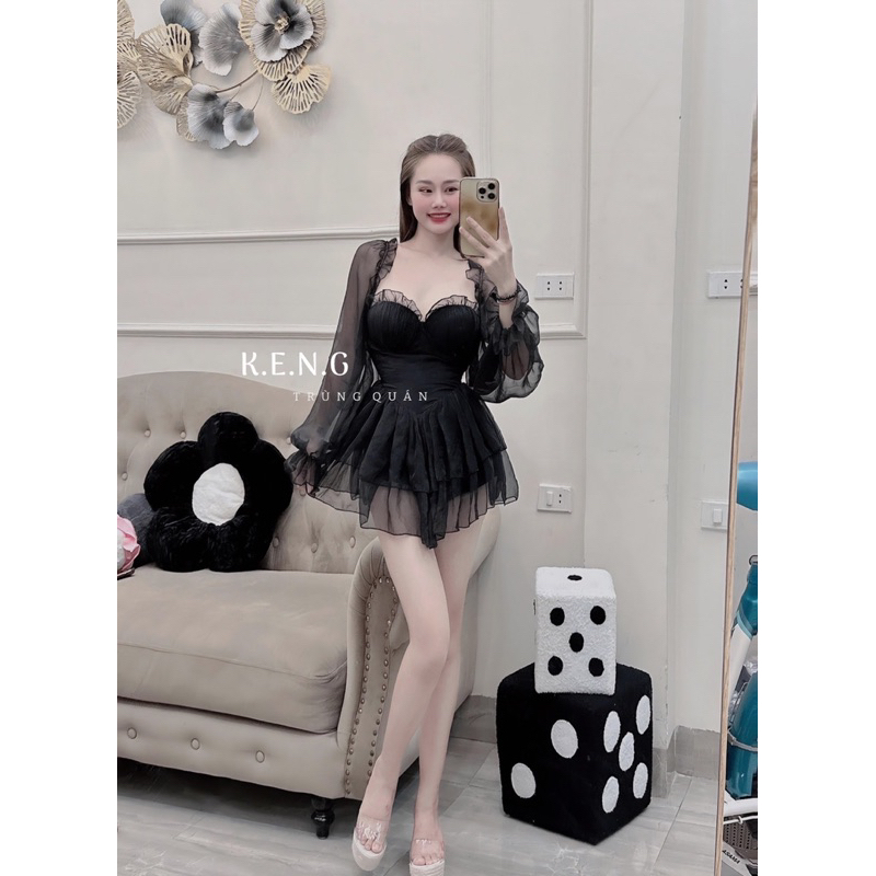 Đầm tơ cúp ngực tay bồng babi 3 màu