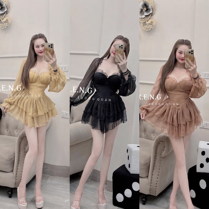 Đầm tơ cúp ngực tay bồng babi 3 màu