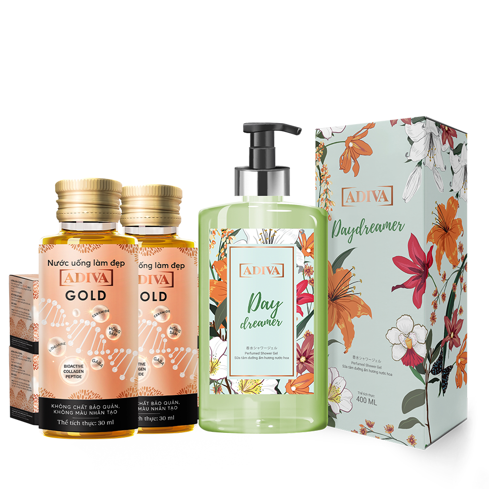 Combo 2 Hộp Nước Uống Làm Đẹp Collagen ADIVA Gold (14 Chai/Hộp) Tặng 1 Sữa Tắm ADIVA Day Dreamer 400ml