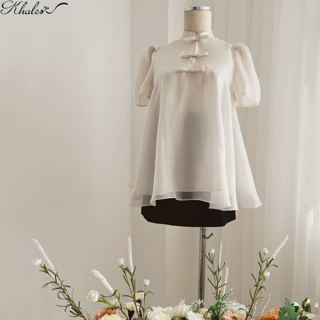 Áo sơ mi cổ tàu KHALES Dami tay bồng chất liệu organza óng mượt