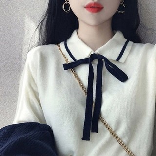 Áo len cổ bẻ kèm nơ - cổ và tay có sọc