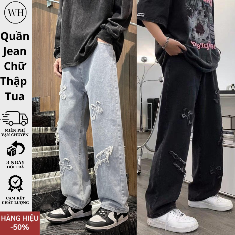 Quần jean nam chữ thập ống suông rộng Whoaha,Quần bò chữ thập thêu thánh giá xanh đen chất vải cao cấp cá tính 2023
