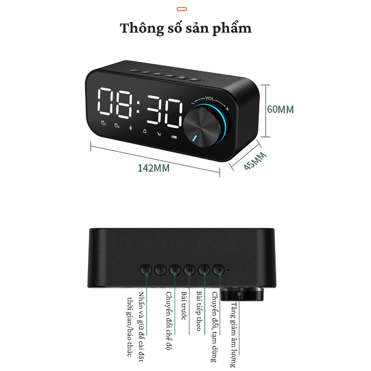 Loa Bluetooth B126, Loa nghe nhạc Bass mạnh, êm tai, đồng hồ báo thức, màn hình LED, công suất lớn, chống nước IPX5