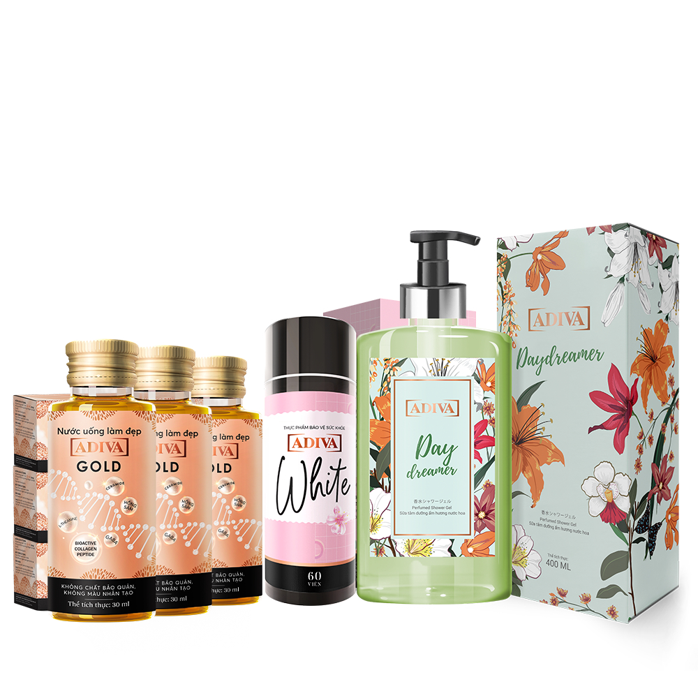 Combo 3 Hộp Collagen ADIVA Gold  Tặng Combo Viên Uống Trắng Da White 60 Viên + 1 Sữa Tắm Day Dreamer 400ml
