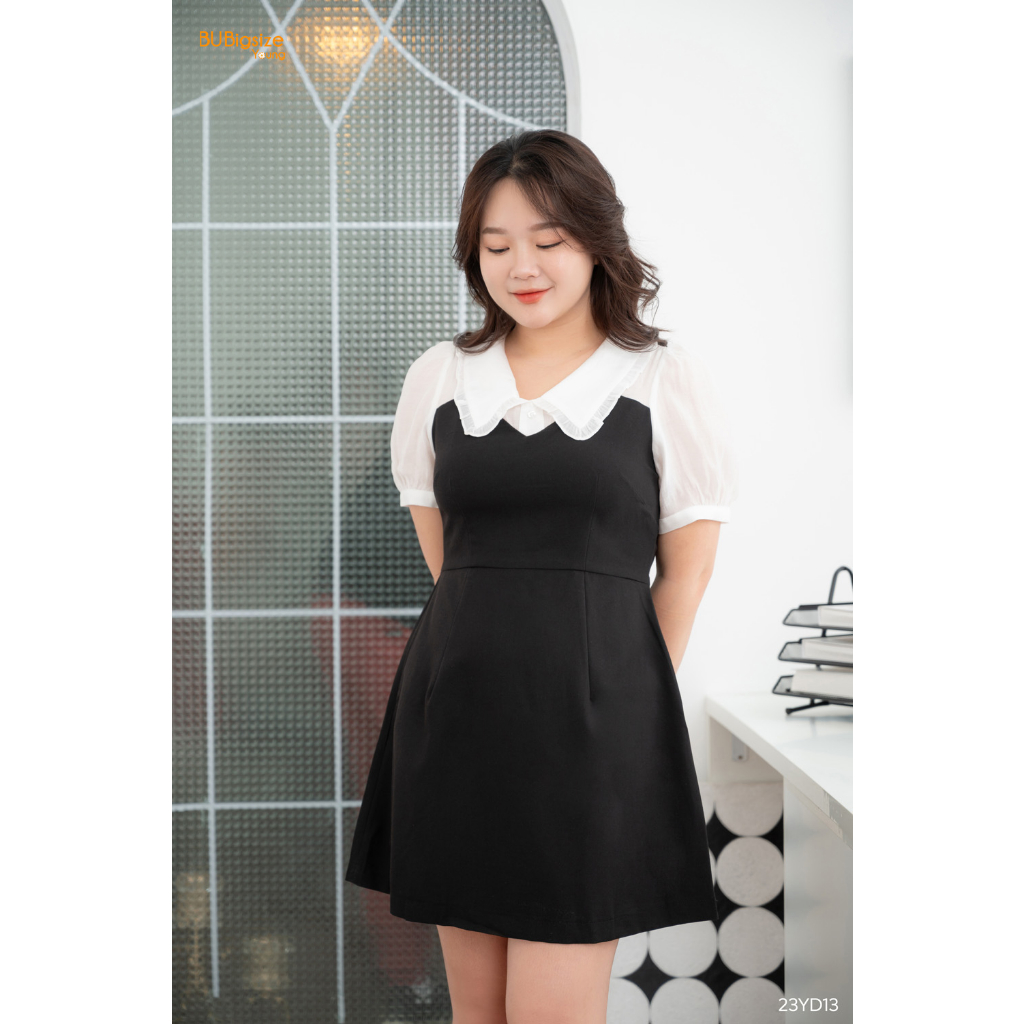 Đầm cổ viền bèo phối trắng BIGSIZE (55kg đến 95kg) - 23YD13 - [BU Bigsize Young]