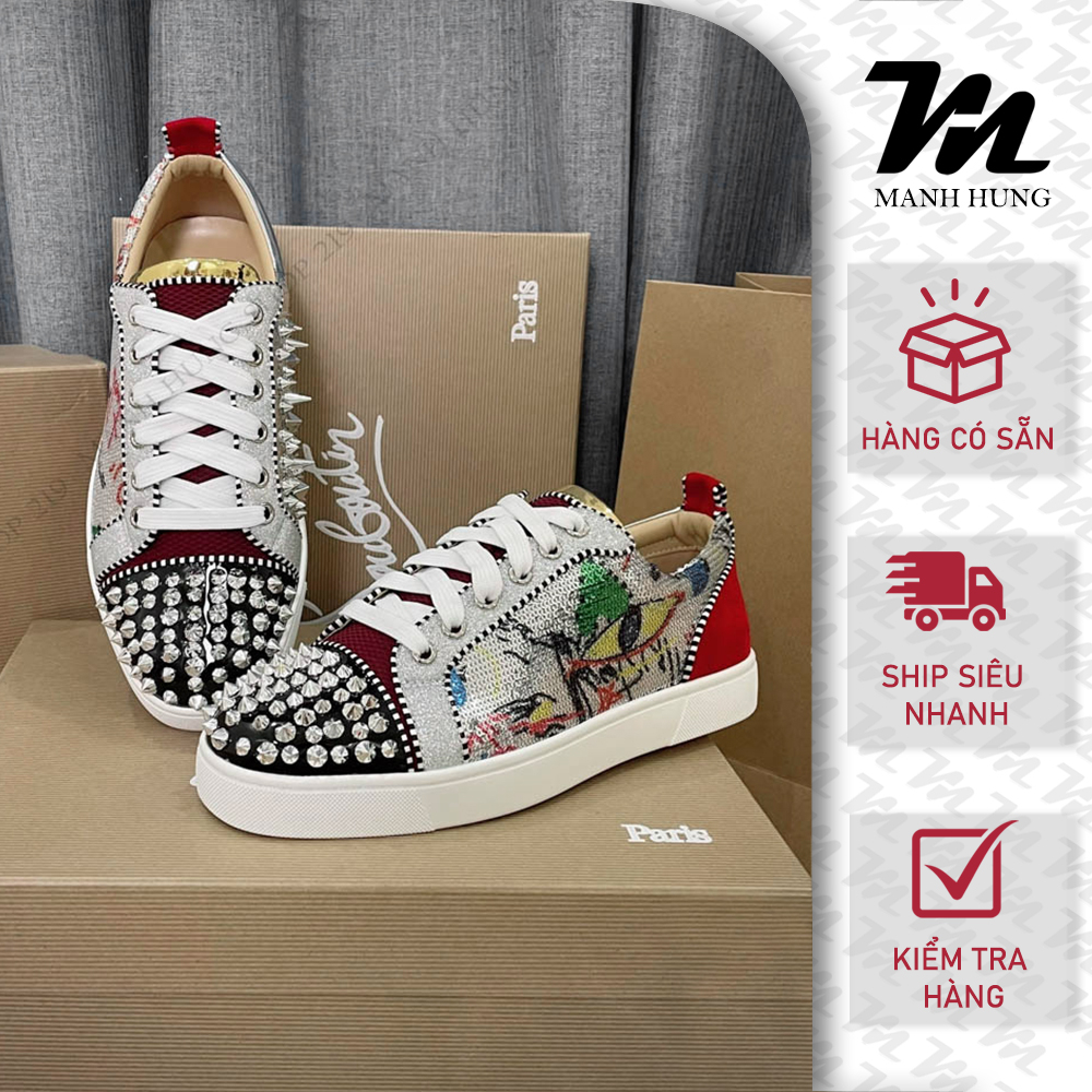 - Sneaker Lou.bou.tin Họa Tiết Cao Cấp Đính Hạt Cườm Đính Gai Gót Đỏ Full Box Loại 1 Qc Mạnh Hùng Shop 219