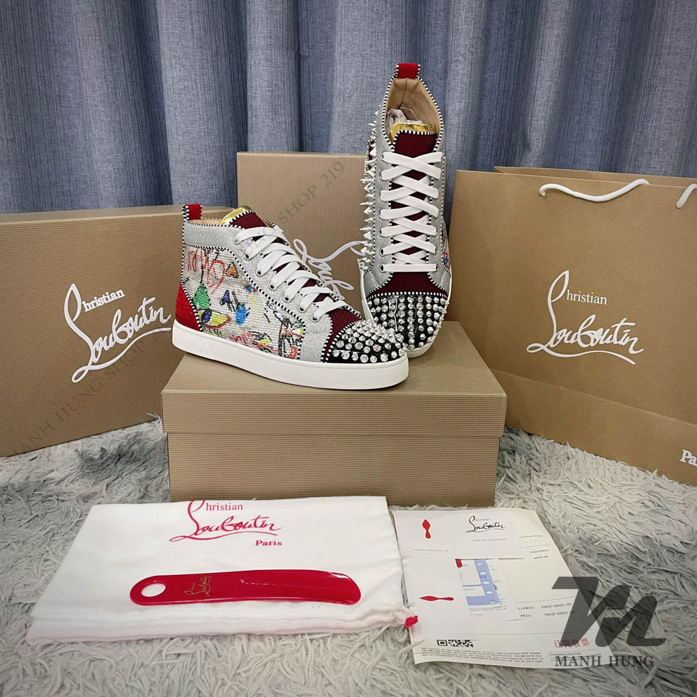 🏆  - Sneaker Lou.bou.tin Họa Tiết Cao Cổ Đính Hạt Cườm Đính Gai Gót Đỏ Full Box Loại 1 Qc Mạnh Hùng Shop 219