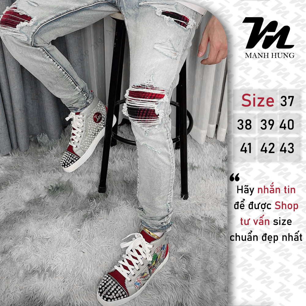 🏆  - Sneaker Lou.bou.tin Họa Tiết Cao Cổ Đính Hạt Cườm Đính Gai Gót Đỏ Full Box Loại 1 Qc Mạnh Hùng Shop 219