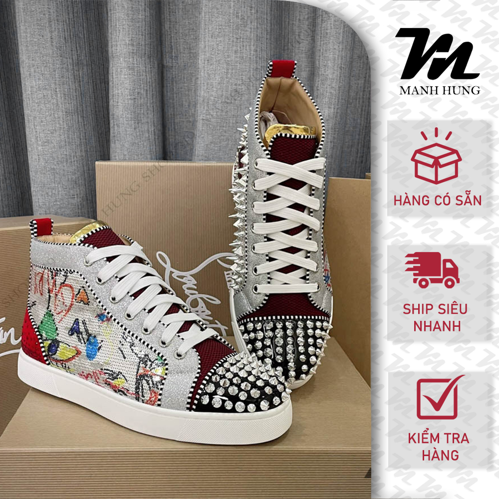 🏆  - Sneaker Lou.bou.tin Họa Tiết Cao Cổ Đính Hạt Cườm Đính Gai Gót Đỏ Full Box Loại 1 Qc Mạnh Hùng Shop 219