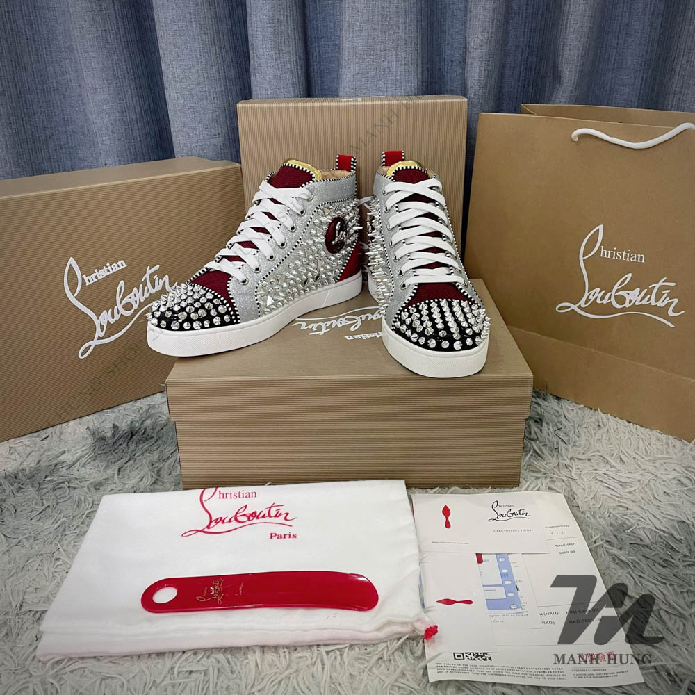 🏆  - Sneaker Lou.bou.tin Họa Tiết Cao Cổ Đính Hạt Cườm Đính Gai Gót Đỏ Full Box Loại 1 Qc Mạnh Hùng Shop 219