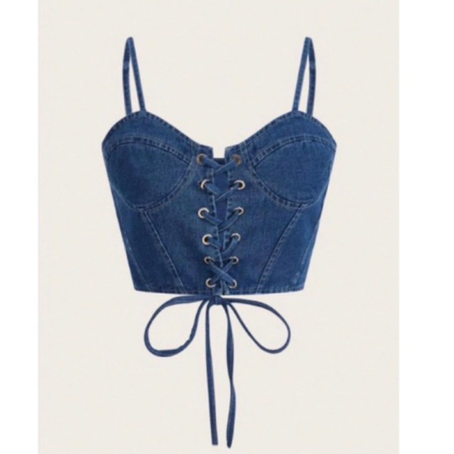 Áo 2 dây croptop jean, áo nữ body không mút chyaj nhún lưng G292