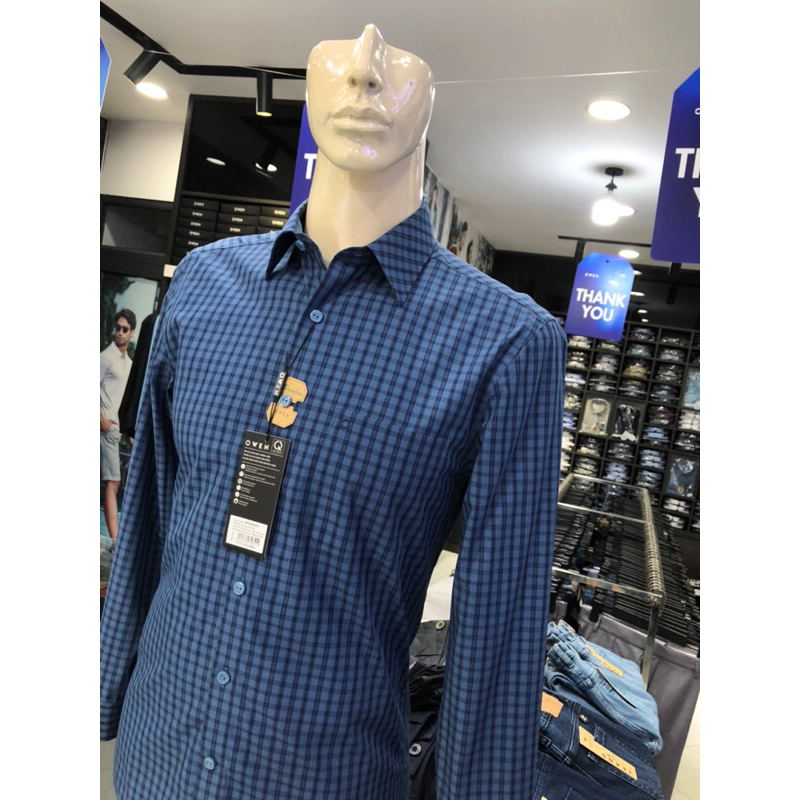 Áo sơ mi owen dài tay màu kẻ caro xanh đậm regular fit vải sợi tre AR230010DT