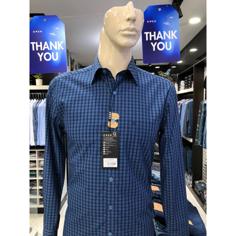 Áo sơ mi owen dài tay màu kẻ caro xanh đậm regular fit vải sợi tre AR230010DT