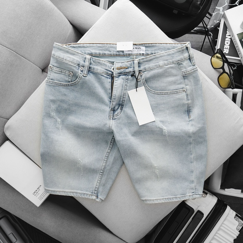 Quần short bò lửng nam bigsize jean co giãn suông nhẹ slimfit xuất xịn