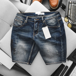 Quần short jean nam xanh rêu in họa tiết co giãn ngang gối suông nhẹ VNXK cao cấp