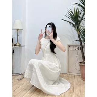 Váy trắng kem cổ tròn tay bồng cộc thân a dài basic
