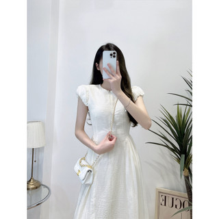 Váy trắng kem cổ tròn tay bồng cộc thân a dài basic