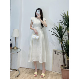 Váy trắng kem cổ tròn tay bồng cộc thân a dài basic