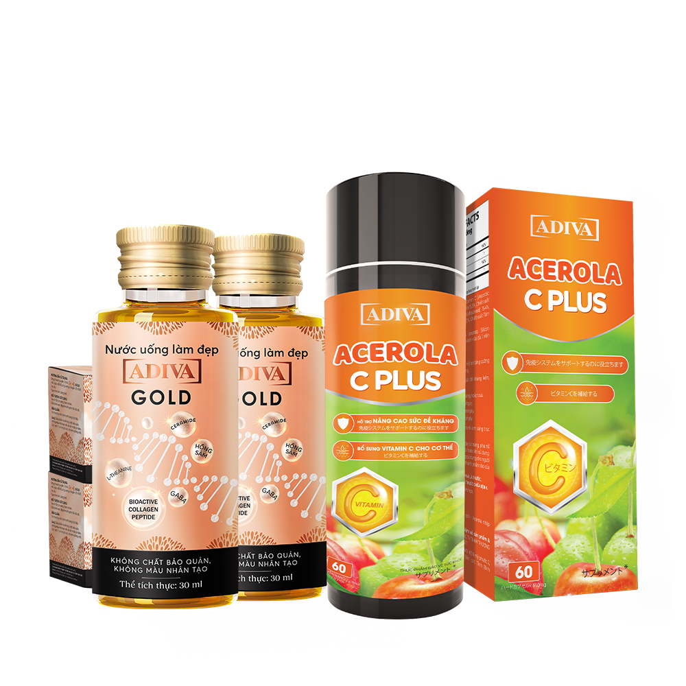 Combo 2 Hộp Nước Uống Làm Đẹp Collagen ADIVA Gold (14 Chai/Hộp) Tặng Viên Uống Bổ Sung Vitamin C Acerola C Plus 60 Viên